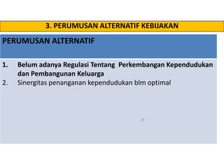 3. PERUMUSAN ALTERNATIF KEBIJAKAN
PERUMUSAN ALTERNATIF

1.   Belum adanya Regulasi Tentang Perkembangan Kependudukan
     dan Pembangunan Keluarga
2.   Sinergitas penanganan kependudukan blm optimal



                                       29
 