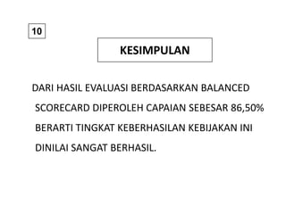 10

                KESIMPULAN

DARI HASIL EVALUASI BERDASARKAN BALANCED
SCORECARD DIPEROLEH CAPAIAN SEBESAR 86,50%
BERARTI TINGKAT KEBERHASILAN KEBIJAKAN INI
DINILAI SANGAT BERHASIL.
 