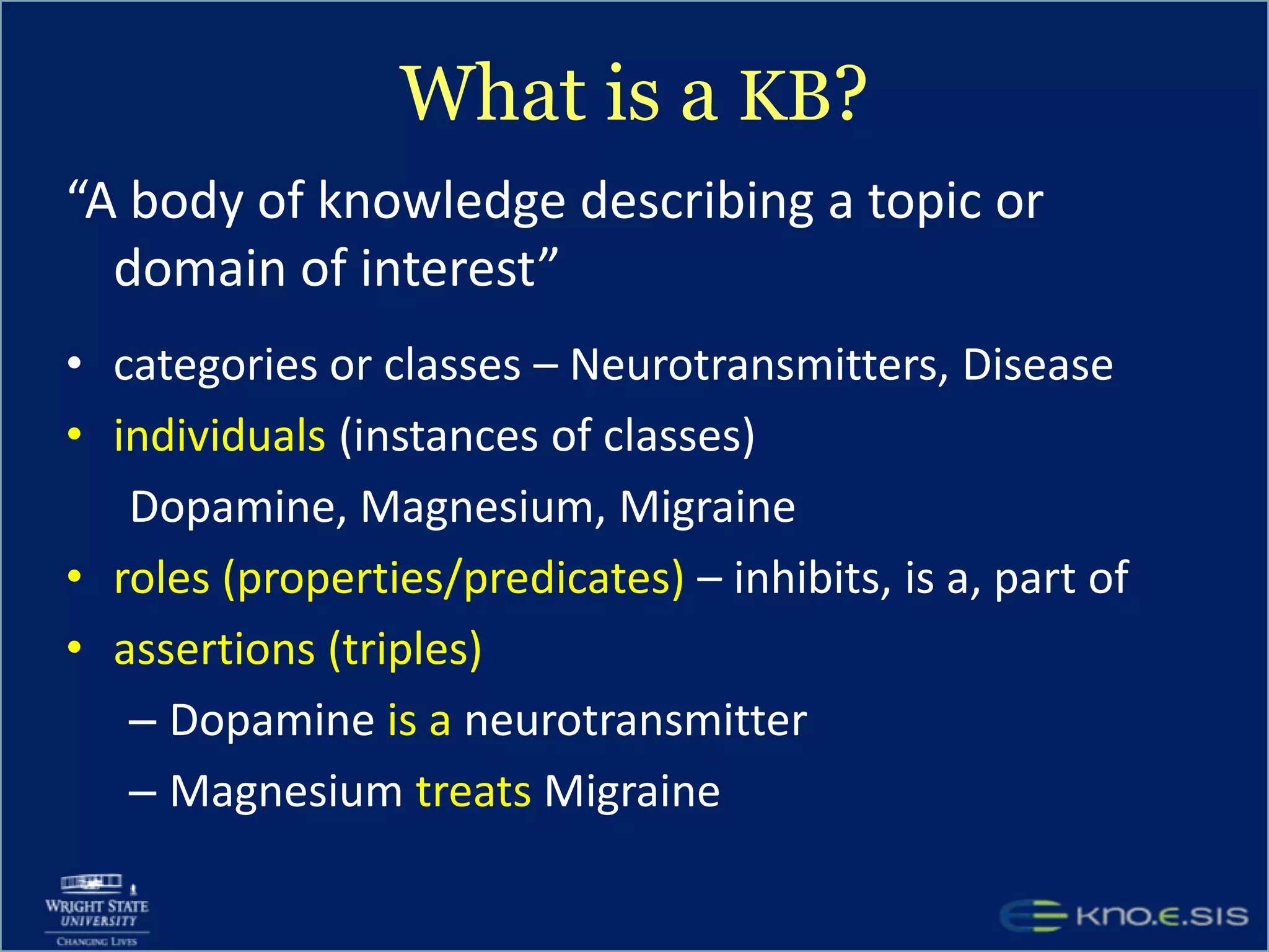 What is a KB?“A body of knowledge describing a topic or domain of interest”categories or classes – Neurotransmitters, Diseaseindividuals (instances of classes)Dopamine, Magnesium, Migraineroles (properties/predicates) – inhibits, is a, part ofassertions (triples)Dopamine is a neurotransmitterMagnesium treats Migraine