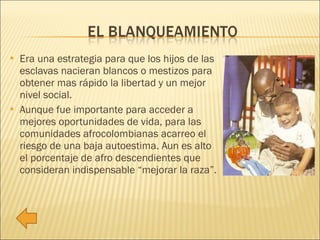 Era una estrategia para que los hijos de las esclavas nacieran blancos o mestizos para obtener mas rápido la libertad y un mejor nivel social. Aunque fue importante para acceder a mejores oportunidades de vida, para las comunidades afrocolombianas acarreo el riesgo de una baja autoestima. Aun es alto el porcentaje de afro descendientes que consideran indispensable “mejorar la raza”. 