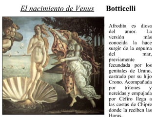 El nacimiento de Venus

Botticelli
• Afrodita es diosa
del
amor.
La
versión
más
conocida la hace
surgir de la espuma
del
mar,
previamente
fecundada por los
genitales de Urano,
castrado por su hijo
Crono. Acompañada
por
tritones
y
nereidas y empujada
por Céfiro llega a
las costas de Chipre
donde la reciben las

 
