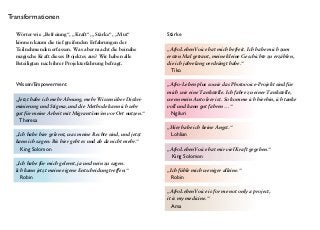 Wörter wie „Befreiung“, „Kraft“, „Stärke“, „Mut“
können kaum die tief greifenden Erfahrungen der
Teilnehmenden erfassen. Was aber macht die beinahe
magische Kraft dieses Projektes aus? Wir haben alle
Beteiligten nach ihrer Projekterfahrung befragt.
Wissen/Empowerment
„Jetzt habe ich mehr Ahnung, mehr Wissen über Diskri-
minierung und Stigma, und die Methode kann ich sehr
gut für meine Arbeit mit Migrant/inn/en vor Ort nutzen.“
Theresa
„Ich habe hier gelernt, was meine Rechte sind, und jetzt
kann ich sagen: Bis hier geht es und ab da nicht mehr.“
King Solomon
„Ich habe für mich gelernt, ja und nein zu sagen.
Ich kann jetzt meine eigene Entscheidung treffen.“
Robin
Stärke
„AfroLebenVoice hat mich befreit. Ich habe mich zum
ersten Mal getraut, meine kleine Geschichte zu erzählen,
die ich jahrelang verdrängt habe.“
Tiko
„Afro-Leben plus sowie das Photovoice-Projekt sind für
mich wie eine Tankstelle. Ich fahre zu einer Tankstelle,
wenn mein Auto leer ist. So komme ich hierhin, ich tanke
voll und kann gut fahren …“
Ngiluri
„Hier habe ich keine Angst.“
Lohlian
„AfroLebenVoice hat mir viel Kraft gegeben.“
King Solomon
„Ich fühle mich weniger alleine.“
Robin
„AfroLebenVoice is for me not only a project,
it is my medicine.“
Ama
Transformationen
Von Betroffenen zu Helfern
„Ich habe hier gelernt, dass diese Diskriminierung nicht
nur mein Problem ist, jeder hier hat ein bisschen was …
Diskriminierung trifft auch andere Afrikaner. Deswegen
will ich mit meiner kleinen Geschichte dazu beitragen,
dass es anderen afrikanischen Menschen mit oder ohne
HIV besser geht.“
Ama
„Ich war davor ein Egoist. Jetzt, wo ich so viel gehört
und gelernt habe, möchte ich etwas für die anderen tun.“
Remon
„Ich bin nur eine ‚geduldete‘ Person und habe kaum Rech-
te hier in Deutschland … Aber ich wurde [für das Projekt]
gebraucht, und das macht einen großen Unterschied!“
Vieux
Dem Prozess trauen
„Eine große Herausforderung für mich als Projekt-
koordinatorin war zu lernen, dem partizipativen
Prozess zu trauen – denn wir Praktiker tendieren oft
dazu, Prozesse ‚kontrollieren‘ zu wollen. In diesem
Fall war das ganz leicht: Die ‚Kontrolle‘ war im
Grunde gesichert, weil sie geteilt war. An den Stellen,
wo sich das Koordinationsteam zurückgezogen
hat, übernahmen die Afro-Leben-plus-Mitglieder
sie. Dadurch entstand viel Raum für Teilhabe und
Empowering.“
Tanja
 