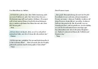 Wörter wie „Befreiung“, „Kraft“, „Stärke“, „Mut“
können kaum die tief greifenden Erfahrungen der
Teilnehmenden erfassen. Was aber macht die beinahe
magische Kraft dieses Projektes aus? Wir haben alle
Beteiligten nach ihrer Projekterfahrung befragt.
Wissen/Empowerment
„Jetzt habe ich mehr Ahnung, mehr Wissen über Diskri-
minierung und Stigma, und die Methode kann ich sehr
gut für meine Arbeit mit Migrant/inn/en vor Ort nutzen.“
Theresa
„Ich habe hier gelernt, was meine Rechte sind, und jetzt
kann ich sagen: Bis hier geht es und ab da nicht mehr.“
King Solomon
„Ich habe für mich gelernt, ja und nein zu sagen.
Ich kann jetzt meine eigene Entscheidung treffen.“
Robin
Stärke
„AfroLebenVoice hat mich befreit. Ich habe mich zum
ersten Mal getraut, meine kleine Geschichte zu erzählen,
die ich jahrelang verdrängt habe.“
Tiko
„Afro-Leben plus sowie das Photovoice-Projekt sind für
mich wie eine Tankstelle. Ich fahre zu einer Tankstelle,
wenn mein Auto leer ist. So komme ich hierhin, ich tanke
voll und kann gut fahren …“
Ngiluri
„Hier habe ich keine Angst.“
Lohlian
„AfroLebenVoice hat mir viel Kraft gegeben.“
King Solomon
„Ich fühle mich weniger alleine.“
Robin
„AfroLebenVoice is for me not only a project,
it is my medicine.“
Ama
Transformationen
Von Betroffenen zu Helfern
„Ich habe hier gelernt, dass diese Diskriminierung nicht
nur mein Problem ist, jeder hier hat ein bisschen was …
Diskriminierung trifft auch andere Afrikaner. Deswegen
will ich mit meiner kleinen Geschichte dazu beitragen,
dass es anderen afrikanischen Menschen mit oder ohne
HIV besser geht.“
Ama
„Ich war davor ein Egoist. Jetzt, wo ich so viel gehört
und gelernt habe, möchte ich etwas für die anderen tun.“
Remon
„Ich bin nur eine ‚geduldete‘ Person und habe kaum Rech-
te hier in Deutschland … Aber ich wurde [für das Projekt]
gebraucht, und das macht einen großen Unterschied!“
Vieux
Dem Prozess trauen
„Eine große Herausforderung für mich als Projekt-
koordinatorin war zu lernen, dem partizipativen
Prozess zu trauen – denn wir Praktiker tendieren oft
dazu, Prozesse ‚kontrollieren‘ zu wollen. In diesem
Fall war das ganz leicht: Die ‚Kontrolle‘ war im
Grunde gesichert, weil sie geteilt war. An den Stellen,
wo sich das Koordinationsteam zurückgezogen
hat, übernahmen die Afro-Leben-plus-Mitglieder
sie. Dadurch entstand viel Raum für Teilhabe und
Empowering.“
Tanja
 