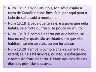 • Núm 13:17 Enviou-os, pois, Moisés a espiar a
terra de Canaã; e disse-lhes: Subi por aqui para o
lado do sul, e subi à montanha:
• Núm 13:18 E vede que terra é, e o povo que nela
habita; se é forte ou fraco; se pouco ou muito.
• Núm 13:19 E como é a terra em que habita, se
boa ou má; e quais são as cidades em que eles
habitam; se em arraiais, ou em fortalezas.
• Núm 13:20 Também como é a terra, se fértil ou
estéril; se nela há árvores, ou não; e esforçai-vos,
e tomai do fruto da terra. E eram aqueles dias os
dias das primícias das uvas.
 