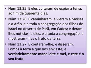 • Núm 13:25 E eles voltaram de espiar a terra,
ao fim de quarenta dias.
• Núm 13:26 E caminharam, e vieram a Moisés
e a Arão, e a toda a congregação dos filhos de
Israel no deserto de Parã, em Cades; e deram-
lhes notícias, a eles, e a toda a congregação, e
mostraram-lhes o fruto da terra.
• Núm 13:27 E contaram-lhe, e disseram:
Fomos à terra a que nos enviaste; e
verdadeiramente mana leite e mel, e este é o
seu fruto.
 
