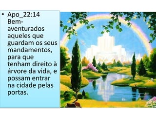 • Apo_22:14
Bem-
aventurados
aqueles que
guardam os seus
mandamentos,
para que
tenham direito à
árvore da vida, e
possam entrar
na cidade pelas
portas.
 