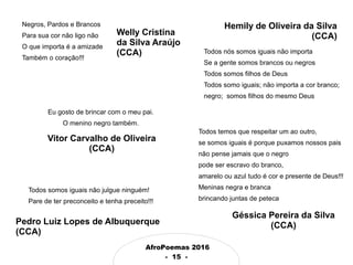 AfroPoemas 2016
- 15 -
Negros, Pardos e Brancos
Para sua cor não ligo não
O que importa é a amizade
Também o coração!!!
Welly Cristina
da Silva Araújo
(CCA)
Pedro Luiz Lopes de Albuquerque
(CCA)
Vitor Carvalho de Oliveira
(CCA)
Hemily de Oliveira da Silva
(CCA)
Eu gosto de brincar com o meu pai.
O menino negro também.
Todos somos iguais não julgue ninguém!
Pare de ter preconceito e tenha preceito!!!
Todos nós somos iguais não importa
Se a gente somos brancos ou negros
Todos somos filhos de Deus
Todos somo iguais; não importa a cor branco;
negro; somos filhos do mesmo Deus
Todos temos que respeitar um ao outro,
se somos iguais é porque puxamos nossos pais
não pense jamais que o negro
pode ser escravo do branco,
amarelo ou azul tudo é cor e presente de Deus!!!
Meninas negra e branca
brincando juntas de peteca
Géssica Pereira da Silva
(CCA)
 