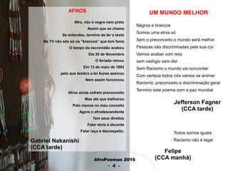 AfroPoemas 2016
- 4 -
UM MUNDO MELHOR
Negros e brancos
Somos uma etnia só
Sem o preconceito o mundo será melhor
Pessoas são discriminadas pela sua cor
Vamos acabar com isso
sem vestígio sem dor
Sem Racismo o mundo vai concordar
Com certeza todos nós vamos se animar
Racismo, preconceito e discriminação geral
Termino este poema com a paz mundial
Jefferson Fagner
(CCA tarde)
Todos somos iguais
Racismo não é legal
Felipe
(CCA manhã)
AFROS
Afro, não é negro nem preto
Assim que se chama
Se entendeu, termina de ler o texto
Na TV não são só os “brancos” que tem fama
O tempo da escravidão acabou
Dia 20 de Novembro
O feriado reinou
Em 13 de maio de 1882
pelo que lembro a lei Aurea assinou
Nem assim funcionou
Afros ainda sofrem preconceito
Mas até que melhorou
Pelo menos no meu conceito
Agora o afrodescendente
Tem seus direitos
Falar etnia é decente
Falar raça é desrespeito.
Gabriel Nakanishi
(CCA tarde)
 