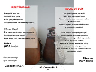 AfroPoemas 2016
- 8 -
NEGRO UM DOM
Por que brigamos por isso?
Além de brigarmos por tudo.
Vamos se juntar para um mundo melhor
A vida é um dom
Cor não importa, o importante é ser feliz
e um mundo reconstruir
A cor negra é linda, porque brigar,
somos nós que fazemos a diferença,
ser jugada por ser negro não é importante,
o que importar é vaidade
Além de se separar, vamos nos juntar
e um mundo novo ira aparecer e
com isso todas as pessoas serão mais felizes.
Somos todos iguais
Eduardo
(CCA tarde)
DIREITOS IGUAIS
O preto é uma cor
Negro é uma etnia
Para que preconceito
Se todas vivem na mesma galáxia.
O Negro é igual
É preciso ser tratado com respeito
Respeite sua liberdade!
Pois todos têm os mesmos direitos.
Daine
(CCA tarde)
Procuro um amigo
igual no coração
Guilherme (CCA)
 