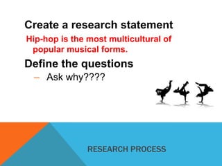 Create a research statement
Hip-hop is the most multicultural of
popular musical forms.

Define the questions
– Ask why????

RESEARCH PROCESS

 
