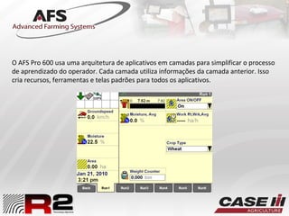 O AFS Pro 600 usa uma arquitetura de aplicativos em camadas para simplificar o processo
de aprendizado do operador. Cada camada utiliza informações da camada anterior. Isso
cria recursos, ferramentas e telas padrões para todos os aplicativos.
 