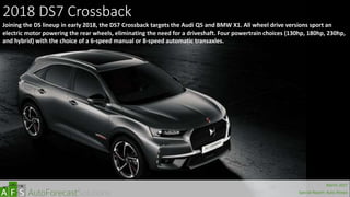 2018 DS7 Crossback
Joining the DS lineup in early 2018, the DS7 Crossback targets the Audi Q5 and BMW X1. All wheel drive versions sport an
electric motor powering the rear wheels, eliminating the need for a driveshaft. Four powertrain choices (130hp, 180hp, 230hp,
and hybrid) with the choice of a 6-speed manual or 8-speed automatic transaxles.
abc
March 2017
Special Report: Auto Shows
 