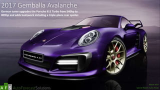 2017 Gemballa Avalanche
German tuner upgrades the Porsche 911 Turbo from 540hp to
809hp and adds bodywork including a triple-plane rear spoiler.
abc
March 2017
Special Report: Auto Shows
 