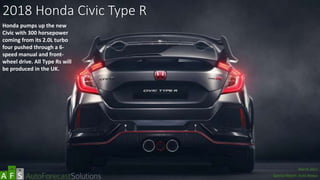 2018 Honda Civic Type R
Honda pumps up the new
Civic with 300 horsepower
coming from its 2.0L turbo
four pushed through a 6-
speed manual and front-
wheel drive. All Type Rs will
be produced in the UK.
abc
March 2017
Special Report: Auto Shows
 