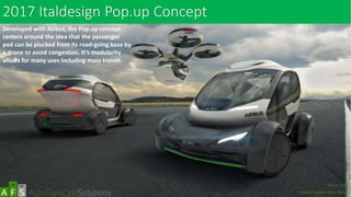 2017 Italdesign Pop.up Concept
Developed with Airbus, the Pop.up concept
centers around the idea that the passenger
pod can be plucked from its road-going base by
a drone to avoid congestion. It’s modularity
allows for many uses including mass transit.
abc
March 2017
Special Report: Auto Shows
 
