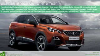 2017 European Car of the Year
abc
From the initial forty vehicles, the list was narrowed down to a final seven: Alfa Romeo Giulia, Citroen C3, Mercedes-Benz E-
Class, Nissan Micra, Peugeot 3008, Toyota C-HR, Volvo S90/V90. Judges from 22 European countries narrowed that list down
to just one. Selected this year was the hot-selling Peugeot 3008 crossover. Second place went to FCA’s Alfa Romeo Giulia.
March 2017
Special Report: Auto Shows
 