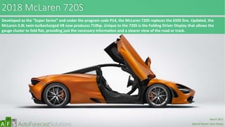 2018 McLaren 720S
Developed as the “Super Series” and under the program code P14, the McLaren 720S replaces the 650S line. Updated, the
McLaren 3.8L twin-turbocharged V8 now produces 710hp. Unique to the 720S is the Folding Driver Display that allows the
gauge cluster to fold flat, providing just the necessary information and a clearer view of the road or track.
abc
March 2017
Special Report: Auto Shows
 