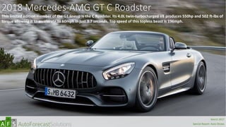 2018 Mercedes-AMG GT C Roadster
This limited edition member of the GT lineup is the C Roadster. Its 4.0L twin-turbocharged V8 produces 550hp and 502 ft-lbs of
torque allowing it to accelerate to 60mph in just 3.7 seconds. Top speed of this topless beast is 196mph.
abc
March 2017
Special Report: Auto Shows
 
