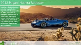 2018 Pagani Huayra Roadster
Priced at US$2.4 million, the
potential buyers for the
Pagani Huayra Roadster with
its 764hp twin-turbo V12
engine are not many, but all
100 of them have found
homes, even before the car’s
public launch. With a body
built almost entirely out of
carbon fiber, the Huayra is
light…and quick.
abc
March 2017
Special Report: Auto Shows
 