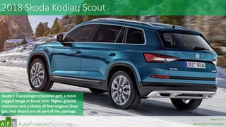 2018 Skoda Kodiaq Scout
Skoda’s 7-passenger crossover gets a more
rugged image in Scout trim. Higher ground
clearance and a choice of four engines (two
gas, two diesel) are all part of the package.
abc
March 2017
Special Report: Auto Shows
 