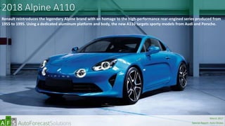 2018 Alpine A110
Renault reintroduces the legendary Alpine brand with an homage to the high-performance rear-engined series produced from
1955 to 1995. Using a dedicated aluminum platform and body, the new A110 targets sporty models from Audi and Porsche.
abc
March 2017
Special Report: Auto Shows
 