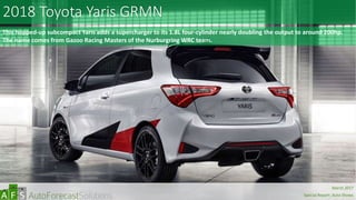 2018 Toyota Yaris GRMN
This hopped-up subcompact Yaris adds a supercharger to its 1.8L four-cylinder nearly doubling the output to around 200hp.
The name comes from Gazoo Racing Masters of the Nurburgring WRC team.
abc
March 2017
Special Report: Auto Shows
 