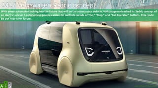 2017 Volkswagen Sedric concept
With every automaker looking into the future that will be the autonomous vehicle, Volkswagen unleashed its Sedric concept of
an electric, a level 5 autonomous people carrier. No controls outside of “Go,” “Stop,” and “Call Operator” buttons. This could
be our near-term future.
abc
March 2017
Special Report: Auto Shows
 