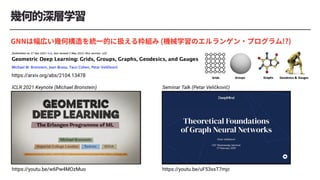 https://arxiv.org/abs/2104.13478
https://youtu.be/uF53xsT7mjc
https://youtu.be/w6Pw4MOzMuo
ICLR 2021 Keynote (Michael Bronstein) Seminar Talk (Petar Veličković)
 