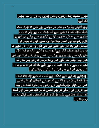 47
‫بچے‬ ‫کے‬ ‫ان‬ ‫اور‬ ‫وہ‬ ‫چیزیں‬ ‫ہی‬ ‫وہ‬ ‫رہتیں۔‬ ‫دہ‬ ‫زی‬ ‫سمیت‬ ‫بچوں‬
‫رتے۔‬ ‫ڈک‬
‫بہت‬ ‫تھوڑا‬ ‫ک‬ ‫تھی‬ ‫بھی‬ ‫بھتجی‬ ‫کی‬ ‫نشو‬ ‫جو‬ ‘‫ی‬‫بیو‬ ‫اپنی‬ ‫چھوٹ‬
‫دونوں‬ ‫اپنی‬ ‫نے‬ ‫اس‬ ‫۔‬ ‫ی‬ ‫بھ‬ ‫نہ‬ ‫اسے‬ ‫بھی‬ ‫وہ‬ ‫۔‬ ‫تھ‬ ‫رکھت‬ ‫ل‬ ‫خی‬
‫پر‬ ‫اس‬ ‫ہی‬ ‫ے‬ ‫پہ‬ ‫سے‬ ‫وری‬ ‫ڈی‬ ‫کرکے‬ ‫مشورہ‬ ‫صالح‬ ‫سے‬ ‫بیٹیوں‬
‫کی‬ ‫بچے‬ ‫کہ‬ ‫تھی‬ ‫سچی‬ ‫وہ‬ ‫۔‬ ‫کی‬ ‫ت‬ ‫چ‬ ‫اسے‬ ‫اور‬ ‫دی‬ ‫رکھ‬ ‫الزا‬
‫ک‬ ‫بچے‬ ‫اور‬ ‫بیوی‬ ‫پر‬ ‫طور‬ ‫ی‬ ‫ک‬ ‫نے‬ ‫بیٹے‬ ‫کے‬ ‫اس‬ ‫د‬ ‫ب‬ ‫کے‬ ‫پیدائش‬
‫اوالد‬ ‘‫طرف‬ ‫ایک‬ ‫رشتے‬ ‫دوسرے‬ ‘‫ہے‬ ‫ہر‬ ‫ظ‬ ‫ف‬ ‫ص‬ ‫۔‬ ‫تھ‬ ‫رہن‬ ‫ہو‬
‫اس‬ ‫اور‬ ‫عزت‬ ‫کی‬ ‫ئی‬ ‫بھ‬ ‫اسے‬ ‫ہے۔‬ ‫ہوتی‬ ‫ری‬ ‫پی‬ ‫بھی‬ ‫سے‬ ‫پ‬ ‫ب‬ ‫ں‬ ‫م‬
‫نہ‬ ‫مالل‬ ‫بھر‬ ‫رائی‬ ‫ک‬ ‫ہونے‬ ‫د‬ ‫برب‬ ‫کے‬ ‫گھر‬ ‫کے‬ ‫بیٹے‬ ‫اپنے‬ ‫کے‬
‫ی‬‫بیو‬ ‫مرحو‬ ‫کی‬ ‫وند‬ ‫خ‬ ‫اپنے‬ ‫نے‬ ‫اس‬ ‫کھیڈ‬ ‫کر‬ ‫بڑھ‬ ‫سے‬ ‫اس‬ ‫۔‬ ‫تھ‬
‫تھی۔‬ ‫ئی‬ ‫رچ‬ ‫لیے‬ ‫کے‬ ‫کرنے‬ ‫بدر‬ ‫گھر‬ ‫کو‬ ‫بچوں‬ ‫کے‬
‫نہیں‬ ‫ال‬ ‫چ‬ ‫اپن‬ ‫نے‬ ‫اس‬ ‫لیکن‬ ‫ہے‬ ‫ذور‬ ‫م‬ ‫سے‬ ‫پھرنے‬ ‫نے‬ ‫چ‬ ‫آج‬
‫لمبی‬ ‫اتنی‬ ‫کو‬ ‫ن‬ ‫شیط‬ ‫نے‬ ‫اس‬ ‫کہ‬ ‫ہے‬ ‫نت‬ ‫ج‬ ‫ہی‬ ‫ہللا‬ ‫کی‬ ‫ہللا‬ ‫بدال۔‬
‫جیت‬ ‫کی‬ ‫نت‬ ‫ل‬ ‫خود‬ ‫ہے۔‬ ‫رکھی‬ ‫دے‬ ‫کیوں‬ ‫چھوٹ‬ ‫ی‬ ‫کھ‬ ‫اور‬ ‫عمر‬
‫د‬ ‫فس‬ ‫اور‬ ‫شر‬ ‫میں‬ ‫دنی‬ ‫کر‬ ‫بن‬ ‫نتی‬ ‫ل‬ ‫بھی‬ ‫کو‬ ‫زندگی‬ ‫کی‬ ‫اوروں‬ ‫ہے‬
‫کر‬ ‫ہو‬ ‫نی‬ ‫کہ‬ ‫قصہ‬ ‫محض‬ ‫کہ‬ ‫ک‬ ‫بزرگوں‬ ‫بڑے‬ ‫ہے۔‬ ‫دیت‬ ‫کر‬ ‫ع‬ ‫کو‬
‫ہے۔‬ ‫ت‬ ‫ج‬ ‫رہ‬
 