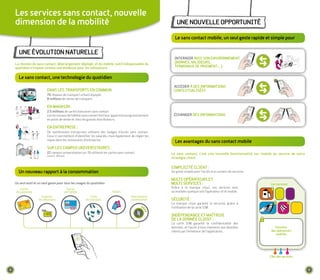 Les services sans contact, nouvelle
    dimension de la mobilité                                                                                une nouVeLLe oppoRtunItÉ

                                                                                                          Le sans contact mobile, un seul geste rapide et simple pour


      une ÉVoLutIon natuReLLe
                                                                                                          InteRagIR aVeC son enVIRonneMent
    La réunion du sans contact, déjà largement déployé, et du mobile, outil indispensable du              (boRnes, VaLIdeuRs,
    quotidien s'impose comme une évidence pour les utilisateurs                                           teRMInauX de paIeMent,…)


      Le sans contact, une technologie du quotidien
                                                                                                         aCCÉdeR à des InfoRMatIons
                          dans Les tRanspoRts en CoMMun:                                                 ConteXtuaLIsÉes
                          70 réseaux de transport urbain équipés
                          8 millions de cartes de transport

                          en MagasIn :
                          2 5 millions de cartes bancaires sans contact
                          Les terminaux de fidélité sans contact font leur apparition progressivement    ÉCHangeR des InfoRMatIons
                          en point de vente et chez les grands distributeurs.

                          en entRepRIse :
                          de nombreuses entreprises utilisent des badges d'accès sans contact.
                          Ceux-ci permettent d'identifier les salariés, mais également de régler les
                          repas dans les restaurants d'entreprise.
                                                                                                          Les avantages du sans contact mobile
                          suR Les CaMpus unIVeRsItaIRes :
                          22 campus universitaires sur 26 utilisent les cartes sans contact.            Le sans contact, c'est une nouvelle fonctionnalité sur mobile au service de votre
                          (source : Moneo)
                                                                                                        stratégie client

                                                                                                        sIMpLICItÉ CLIent :
      un nouveau rapport à la consommation                                                              un geste simple pour l'accès à un univers de services.

                                                                                                        MuLtI-opÉRateuRs et
    un seul outil et un seul geste pour tous les usages du quotidien                                    MuLtI seRVICes :                                            Les services
        Cartes                            Cartes                                                        grâce à la marque cityzi, vos services sont
     de paiement                         de fidélité                      Tickets                       accessibles quelque soit l'opérateur et le mobile.
                      Coupons                             Titres                        informations
                    de réductions                      de transport                     contextuelles   sÉCuRItÉ :
                                                                                                        La marque cityzi garantit la sécurité, grâce à
                                                                                                        l'utilisation de la carte SiM.

                                                                                                        IndÉpendanCe et MaîtRIse
                                                                                                        de La donnÉe CLIent :
                                                                                                        La carte SiM garantit la confidentialité des
                                                                                                        données, et l'accès à tous moments aux données                 données
                                                                                                        clients par l'émetteur de l'application.                    des opérateurs
                                                                                                                                                                       mobiles




                                                                                                                                                                   Clés des services



8                                                                                                                                                                                           9
 
