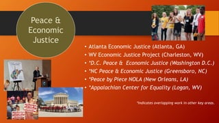 ? Atlanta Economic Justice (Atlanta, GA)
? WV Economic Justice Project (Charleston, WV)
? *D.C. Peace & Economic Justice (Washington D.C.)
? *NC Peace & Economic Justice (Greensboro, NC)
? *Peace by Piece NOLA (New Orleans, LA)
? *Appalachian Center for Equality (Logan, WV)
*Indicates overlapping work in other key areas.
Peace &
Economic
Justice
 