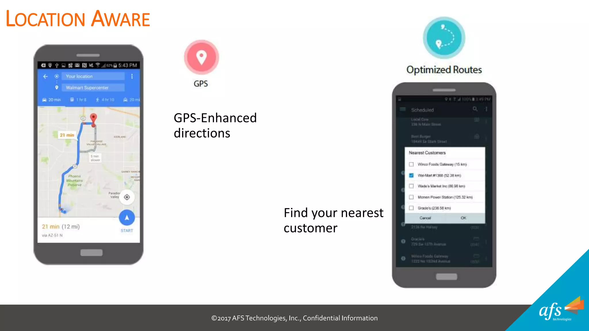 ©2017 AFSTechnologies, Inc.,Confidential Information
GPS-Enhanced
directions
LOCATION AWARE
Find your nearest
customer
 