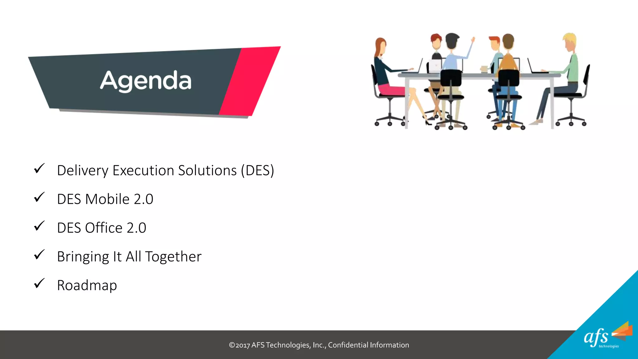 ©2017 AFSTechnologies, Inc.,Confidential Information
 Delivery Execution Solutions (DES)
 DES Mobile 2.0
 DES Office 2.0
 Bringing It All Together
 Roadmap
 