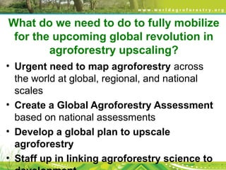 What do we need to do to fully mobilize
for the upcoming global revolution in
agroforestry upscaling?
• Urgent need to map agroforestry across
the world at global, regional, and national
scales
• Create a Global Agroforestry Assessment
based on national assessments
• Develop a global plan to upscale
agroforestry
• Staff up in linking agroforestry science to
 
