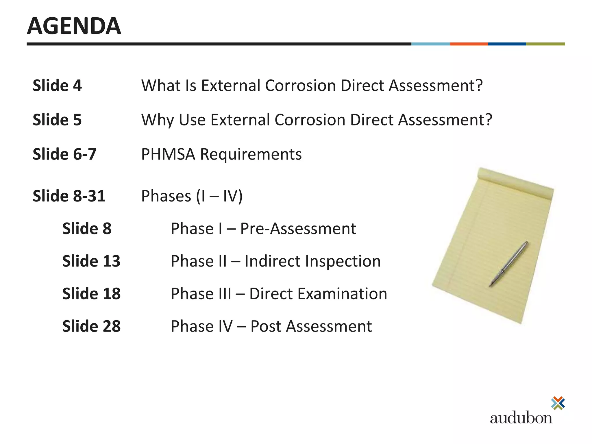 AGENDA
Slide 4 What Is External Corrosion Direct Assessment?
Slide 5 Why Use External Corrosion Direct Assessment?
Slide 6-7 PHMSA Requirements
Slide 8-31
Slide 8
Slide 13
Slide 18
Slide 28
Phases (I – IV)
Phase I – Pre-Assessment
Phase II – Indirect Inspection
Phase III – Direct Examination
Phase IV – Post Assessment
 