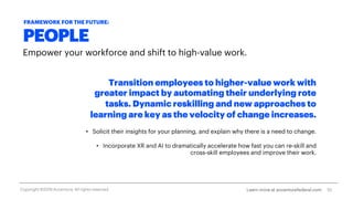 PEOPLE
Empower your workforce and shift to high-value work.
Transition employees to higher-value work with
greater impact by automating their underlying rote
tasks. Dynamic reskilling and new approaches to
learning are key as the velocity of change increases.
• Solicit their insights for your planning, and explain why there is a need to change.
• Incorporate XR and AI to dramatically accelerate how fast you can re-skill and
cross-skill employees and improve their work.
10
FRAMEWORK FOR THE FUTURE:
Learn more at accenturefederal.comCopyright ©2019 Accenture. All rights reserved.
 