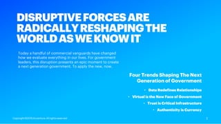 DISRUPTIVEFORCESARE
RADICALLYRESHAPINGTHE
WORLDASWEKNOWIT
Today a handful of commercial vanguards have changed
how we evaluate everything in our lives. For government
leaders, this disruption presents an epic moment to create
a next generation government. To apply the new, now.
• Data Redefines Relationships
• Virtual is the New Face of Government
• Trust is Critical Infrastructure
• Authenticity is Currency
Four Trends Shaping The Next
Generation of Government
2Copyright ©2019 Accenture. All rights reserved.
 