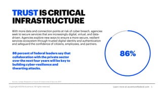 TRUSTISCRITICAL
INFRASTRUCTURE
With more data and connection points at risk of cyber breach, agencies
seek to secure services that are increasingly digital, virtual, and data-
driven. Agencies explore new ways to ensure a more secure, resilient
services ecosystem through trusted digital identity and authentication
and safeguard the confidence of citizens, employees, and partners.
86 percent of federal leaders say that
collaboration with the private sector
over the next four years will be key to
building cyber-resilience and
thwarting attacks.
86%
Source: Juniper Research on Future of Cybercrime & Security 2017
5Learn more at accenturefederal.comCopyright ©2019 Accenture. All rights reserved.
 
