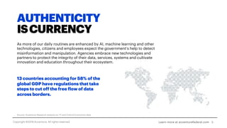 AUTHENTICITY
ISCURRENCY
As more of our daily routines are enhanced by AI, machine learning and other
technologies, citizens and employees expect the government’s help to detect
misinformation and manipulation. Agencies embrace new technologies and
partners to protect the integrity of their data, services, systems and cultivate
innovation and education throughout their ecosystem.
Source: Accenture Research analysis on ITI and Oxford Economics data
13 countries accounting for 58% of the
global GDP have regulations that take
steps to cut off the free flow of data
across borders.
6Learn more at accenturefederal.comCopyright ©2019 Accenture. All rights reserved.
 