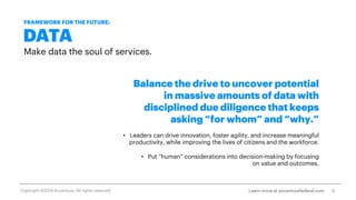 DATA
Make data the soul of services.
Balance the drive to uncover potential
in massive amounts of data with
disciplined due diligence that keeps
asking “for whom” and “why.”
• Leaders can drive innovation, foster agility, and increase meaningful
productivity, while improving the lives of citizens and the workforce.
• Put “human” considerations into decision-making by focusing
on value and outcomes.
9
FRAMEWORK FOR THE FUTURE:
Learn more at accenturefederal.comCopyright ©2019 Accenture. All rights reserved.
 