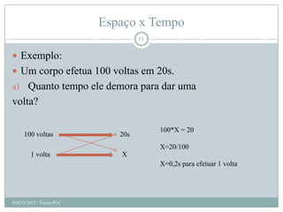 Espaço x Tempo
                                  11

 Exemplo:
 Um corpo efetua 100 voltas em 20s.
a) Quanto tempo ele demora para dar uma
volta?

                                       100*X = 20
     100 voltas             20s
                                       X=20/100
        1 volta             X
                                       X=0,2s para efetuar 1 volta




FOCO-2012 / Física-PUC
 