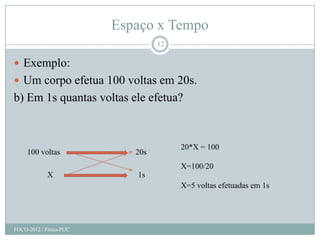 Espaço x Tempo
                                  12

 Exemplo:
 Um corpo efetua 100 voltas em 20s.
b) Em 1s quantas voltas ele efetua?



                                       20*X = 100
     100 voltas             20s
                                       X=100/20
             X              1s
                                       X=5 voltas efetuadas em 1s




FOCO-2012 / Física-PUC
 