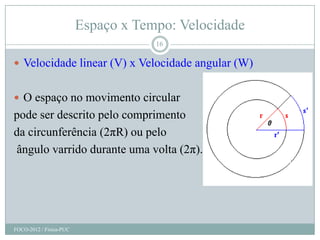 Espaço x Tempo: Velocidade
                                     16

 Velocidade linear (V) x Velocidade angular (W)


 O espaço no movimento circular
pode ser descrito pelo comprimento
da circunferência (2πR) ou pelo
ângulo varrido durante uma volta (2π).




FOCO-2012 / Física-PUC
 
