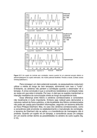 Figura 2.11 Um sujeito de controle sem correlação, mesmo quando há um potencial evocado distinto no
eletroencefalograma do sujeito estimulado, não mostra potencial transferido. Perceba a escala. (Cortesia Jacobo
Grinberg-Zylberbaum.)


        Para conseguir um claro potencial evocado, os pesquisadores costumam
utilizar a média ao longo de cem lampejos, eliminando com isso o "ruído".
Entretanto, os cérebros não perdem a correlação quando o observador vê o
lampejo. A única conclusão é que a consciência restabelece a correlação todas
as vezes em que esta é rompida. Por isso, é vital que os sujeitos mantenham a
intenção meditativa da comunicação direta ao longo da experiência toda.
        Essa diferença entre fótons e cérebros correlacionados e conectados
não localmente é muito importante. Embora seja notável para demonstrar a
natureza radical da física quântica, a não-localidade dos fótons correlacionados
não pode ser usada para transferir informações, segundo um teorema atribuído
ao físico Philippe Eberhard. Mas, no caso dos cérebros correlacionados, como
a consciência está envolvida no estabelecimento e manutenção da correlação,
o teorema de Eberhard não se aplica, e a transferência de mensagens não é
proibida. Quando um sujeito vê um lampejo, a consciência causa um colapso
em um evento similar dentre as possibilidades no cérebro do outro sujeito (fig.
2.12).




                                                                                                           36
 