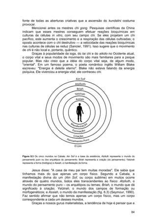fonte de todas as aberturas criativas que a ascensão do kundalini costuma
provocar.
       Mencionei antes os mestres chi gong. Pesquisas científicas da China
indicam que esses mestres conseguem efetuar reações bioquímicas em
culturas de células in vitro, com seu campo chi. Se eles projetam um chi
pacífico, este aumenta o crescimento e a respiração das células cultivadas; o
oposto acontece com o chi destrutivo — a velocidade das reações bioquímicas
nas culturas de células se reduz (Sancier, 1991). Isso sugere que o movimento
de chi é não local e, portanto, quântico.
       Graças à popularidade da ioga, do tai chi e do aikido no Ocidente atual,
o corpo vital e seus modos de movimento são mais familiares para a psique
popular. Mas não creio que a idéia do corpo vital seja, de algum modo,
"oriental". Em um famoso poema, o poeta romântico inglês William Blake
escreveu: "Energia é deleite eterno". Blake não estava falando da energia
psíquica. Ele vivenciou a energia vital; ele conheceu chi.




Figura 6.3 Os cinco mundos na Cabala. Ain Sof é a base da existência; Atziluth representa o mundo do
pensamento puro ou dos arquétipos do pensamento; Briah representa a criação (do pensamento); Yetzirah
representa a forma (biológica) e Assiah, a manifestação da forma.


        Jesus disse: "A casa de meu pai tem muitas moradas". Ele sabia que
tínhamos mais do que apenas um corpo físico. Segundo a Cabala, a
manifestação divina do um (Ain Sof, ou corpo sublime) em muitos ocorre
através de quatro mundos, todos eles transcendentes ao físico: Atziluth, o
mundo do pensamento puro – os arquétipos ou temas; Briah, o mundo que dá
significado à criação; Yetzirah, o mundo dos campos de formação ou
morfogenéticos; e Assiah, o mundo da manifestação (fig. 6.3) (Seymour, 1990).
Faz sentido afirmar que não temos apenas um corpo físico, mas um corpo
correspondente a cada um desses mundos.
        Graças a nossos gurus materialistas, a tendência de hoje é pensar que a

                                                                                                 84
 