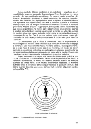 Leitor, cuidado! Objetos obedecem a leis quânticas — espalham-se em
possibilidade, seguindo a equação descoberta por Erwin Schrödinger —, mas a
equação não está codificada nos objetos. Do mesmo modo, equações não
lineares apropriadas governam o condicionamento da memória quântica,
embora esta memória não fique gravada nelas. Enquanto a memória clássica
fica registrada nos objetos como uma fita, a memória quântica é realmente
análoga àquilo que os antigos chamavam de memória akashica, a memória
gravada no Akasha, o vazio — lugar algum. Em seguida, vamos nos lembrar de
que nossas experiências no mundo como observadores envolvem não apenas
o cérebro, como também o corpo supramental, o mental e o vital. No começo
do capítulo, disse que corpos sutis não podem gerar a memória clássica como
uma gravação em fita. Este é um dos motivos pelos quais esses corpos são
chamados de sutis. A pergunta importante agora é: podem eles gerar memória
quântica?
       Já observamos que o físico é necessário para o mapeamento e
manifestação das funções vitais e mentais que envolvem movimento no espaço
e no tempo. Este mapeamento inclui a memória clássica. Subseqüentemente,
se o corpo físico é excitado nesse estado de memória, em função de algum
estímulo, a consciência o identifica e escolhe pôr em colapso e experimentar os
correspondentes estados correlacionados do corpo vital e mental. É com esta
repetição que os corpos mental e vital adquirem a memória quântica.
       Logo, a memória dos corpos vital e mental é inteiramente quântica, que
ocorre por meio do condicionamento da estrutura de possibilidades devido a
repetidas experiências, e resulta da mesma dinâmica básica da memória
quântica do corpo físico. Com muitas experiências repetidas, a memória
quântica tende a prevalecer para qualquer resposta a qualquer estímulo; isso
ocorre quando dizemos que nossos corpos vital e mental adquiriram caráter
individual (fig. 7.1).




Figura 7.1   A individualização dos corpos vital e mental


                                                                            93
 