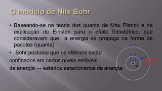 • Baseando-se na teoria dos quanta de Max Planck e na
explicação de Einsten para o efeito fotoelétrico, que
consideravam que a energia se propaga na forma de
pacotes (quanta)
• Bohr postulou que os elétrons estão
confinados em certos níveis estáveis
de energia → estados estacionários de energia.
 