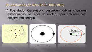 .
1° Postulado: Os elétrons descrevem órbitas circulares
estacionárias ao redor do núcleo, sem emitirem nem
absorverem energia
 