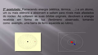 2º postulado: Fornecendo energia (elétrica, térmica, ....) a um átomo,
um ou mais elétrons a absorvem e saltam para níveis mais afastados
do núcleo. Ao voltarem as suas órbitas originais, devolvem a energia
recebida em forma de luz (fenômeno observado, tomando
como exemplo, uma barra de ferro aquecida ao rubro).
 