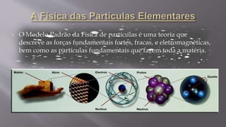  O Modelo Padrão da Física de partículas é uma teoria que
descreve as forças fundamentais fortes, fracas, e eletromagnéticas,
bem como as partículas fundamentais que fazem toda a matéria.
 